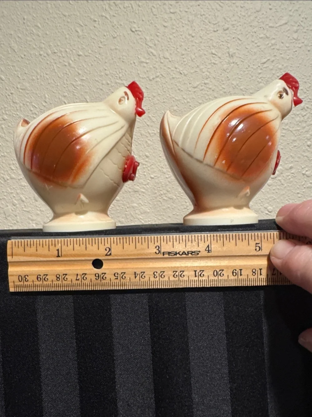 Vintage Plastic Rooster Salt & Pepper Shakers - Cream with brown and red accents